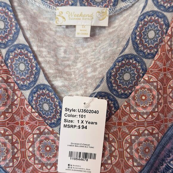 NWT Weekend Suzanne Betro Bohemian V-Neck Blouse Top Size 1X Blue Light Red - Picture 4 of 6